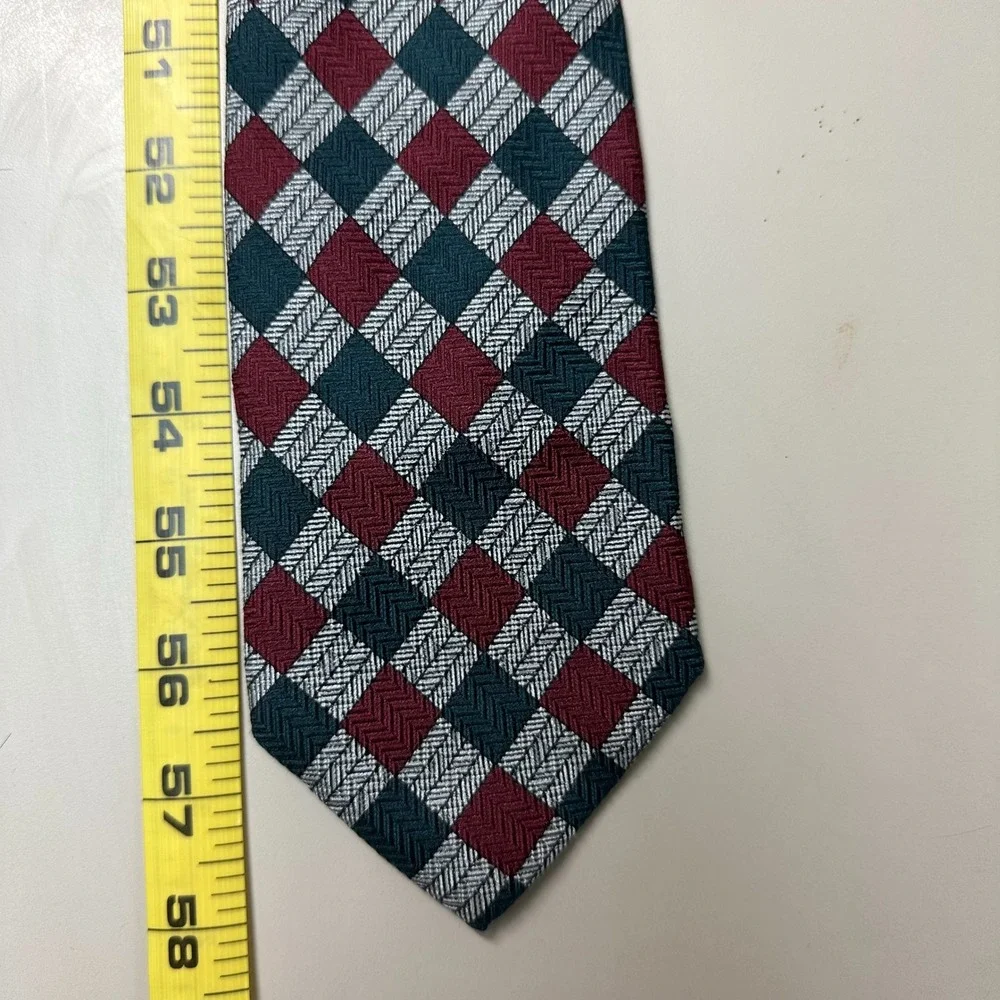 Echo Mens Silk Tie Burgundy Green Silver Harlequin Diamond Herringbone Vintage